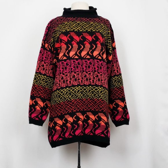 Vintage Sweaters - Vintage 80s Tunic Sweater Oversize Black Pink Pattern Misses L